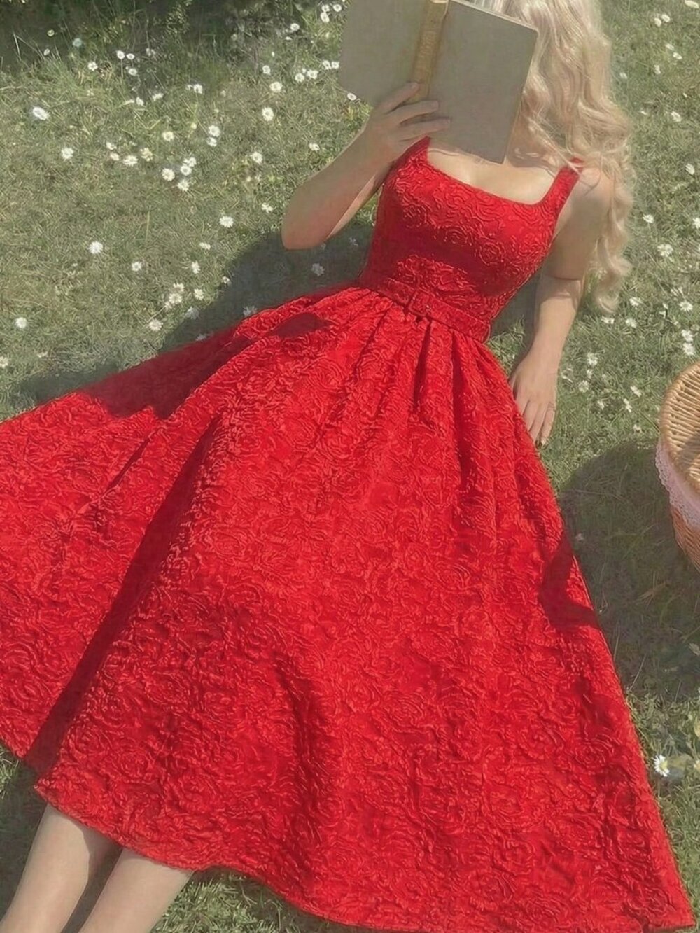 Red Elegant Women's Jacquard Textured Waist Belt Dress